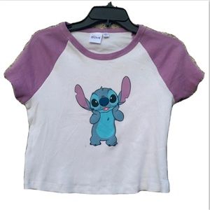 Stitch XL Babydoll Ribbed T-Shirt Crop Top White Purple Sleeves Disney Ohana
